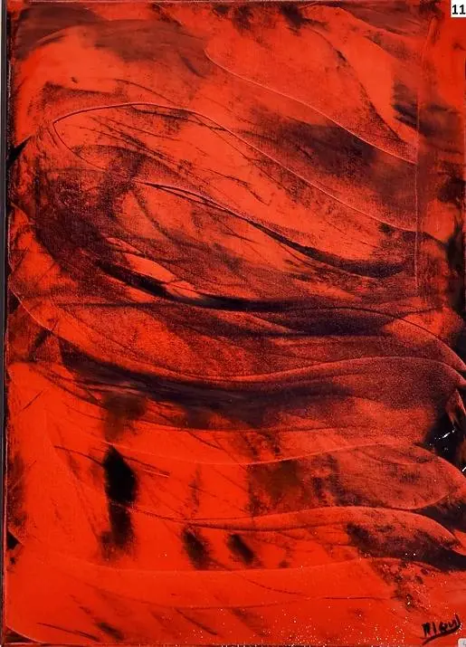 Tableau abstrait rouge et noir aux mouvements tourbillonnants - Majuwa