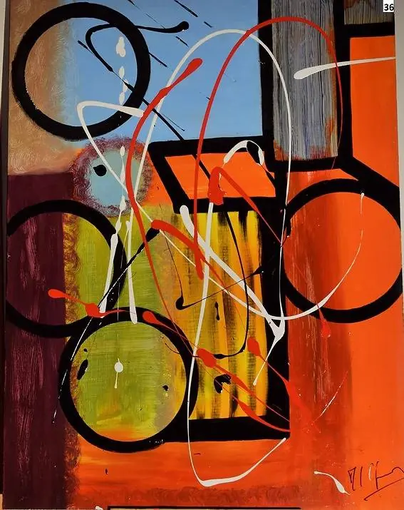 Tableau abstrait à cercles noirs sur fond bleu et orange, éclaboussures rouges et blanches - Majuwa
